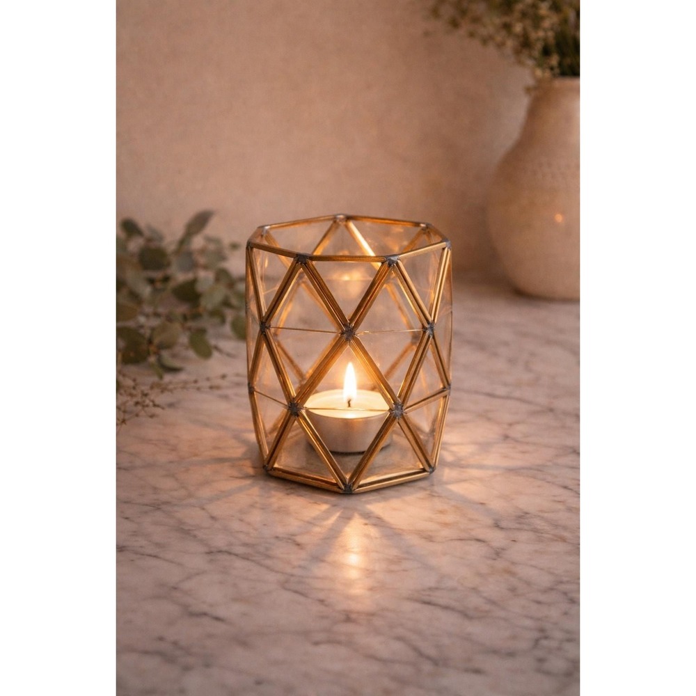 Brass Geometric Votive Holder, Faceted Glass Lantern, Modern Boho Decor